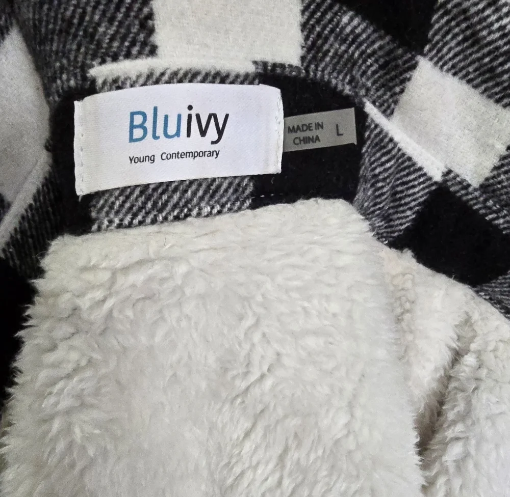 Bluivy Plaid Sherpa Lined Black/White Checkered Shacket Sz L - Picture 9 of 10